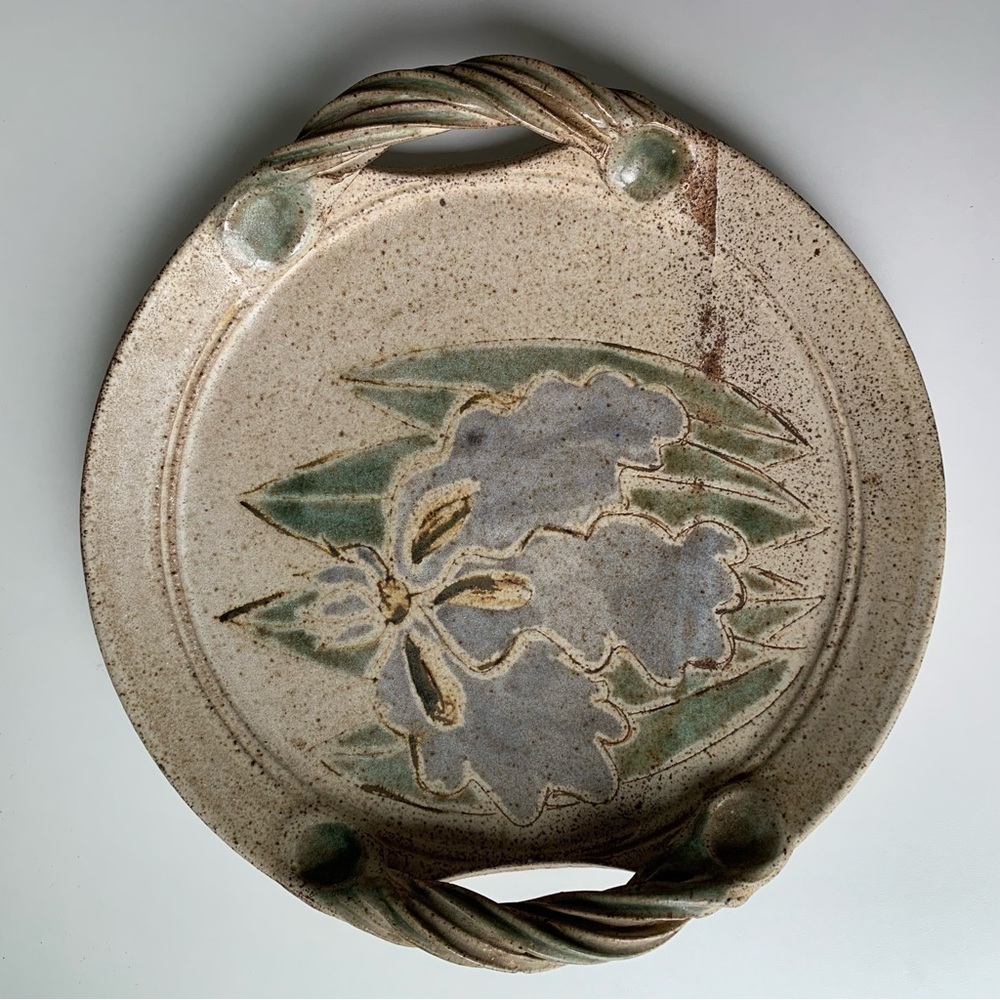 Studio Art Pottery Two Handle Ceramic Tray Dish Nature Garden Artist Signed